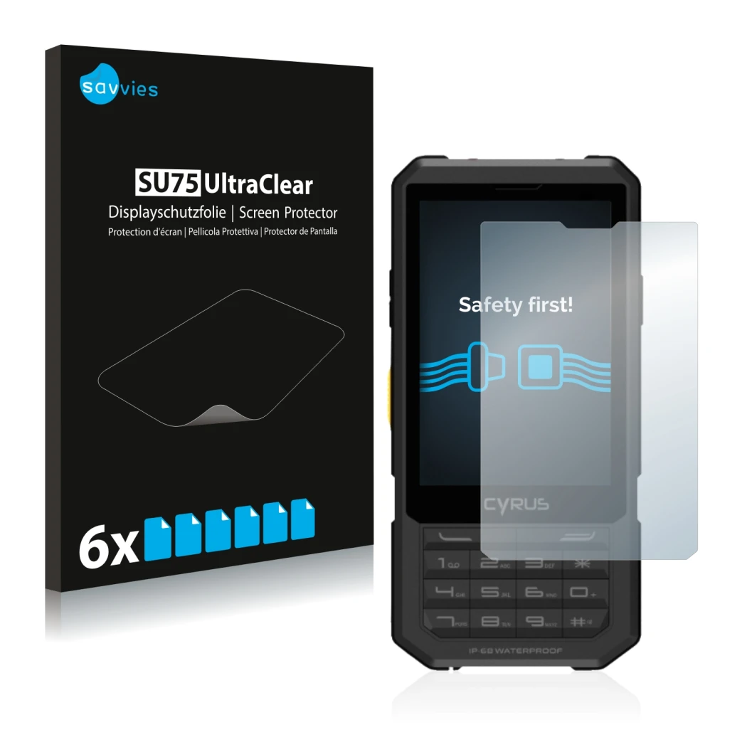 Parte frontale di una confezione del prodotto con il logo del marchio Savvies. Accanto è raffigurato il dispositivo Cyrus CM 1