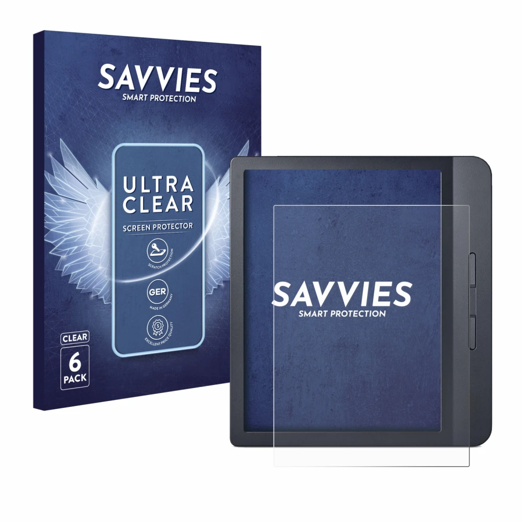 Parte frontale di una confezione del prodotto con il logo del marchio Savvies. Accanto è raffigurato il dispositivo Kobo Libra