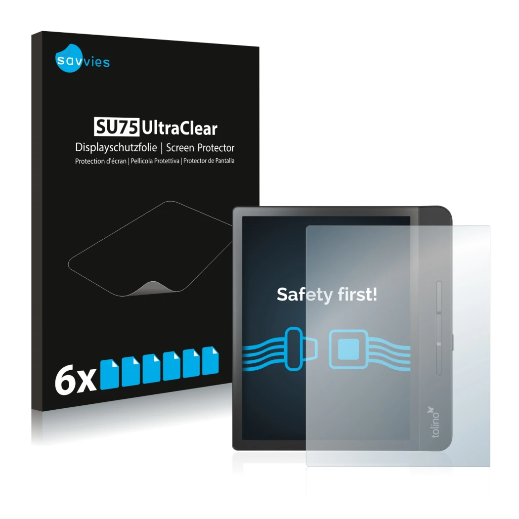 Parte frontale di una confezione del prodotto con il logo del marchio Savvies. Accanto è raffigurato il dispositivo Tolino Epo