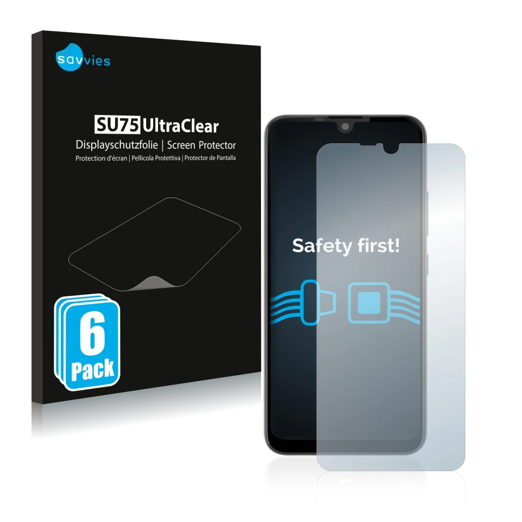 Parte frontale di una confezione del prodotto con il logo del marchio Savvies. Accanto è raffigurato il dispositivo Gigaset GS