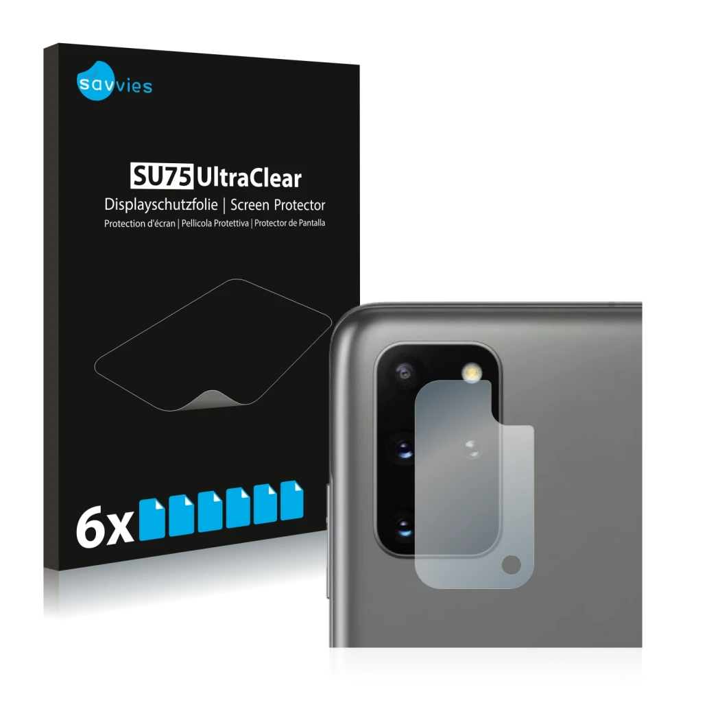 Parte frontale di una confezione del prodotto con il logo del marchio Savvies. Accanto è raffigurato il dispositivo Samsung Ga