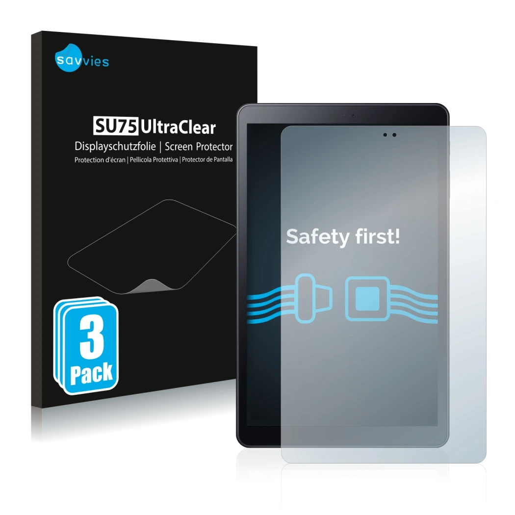 Parte frontale di una confezione del prodotto con il logo del marchio Savvies. Accanto è raffigurato il dispositivo Samsung Ga