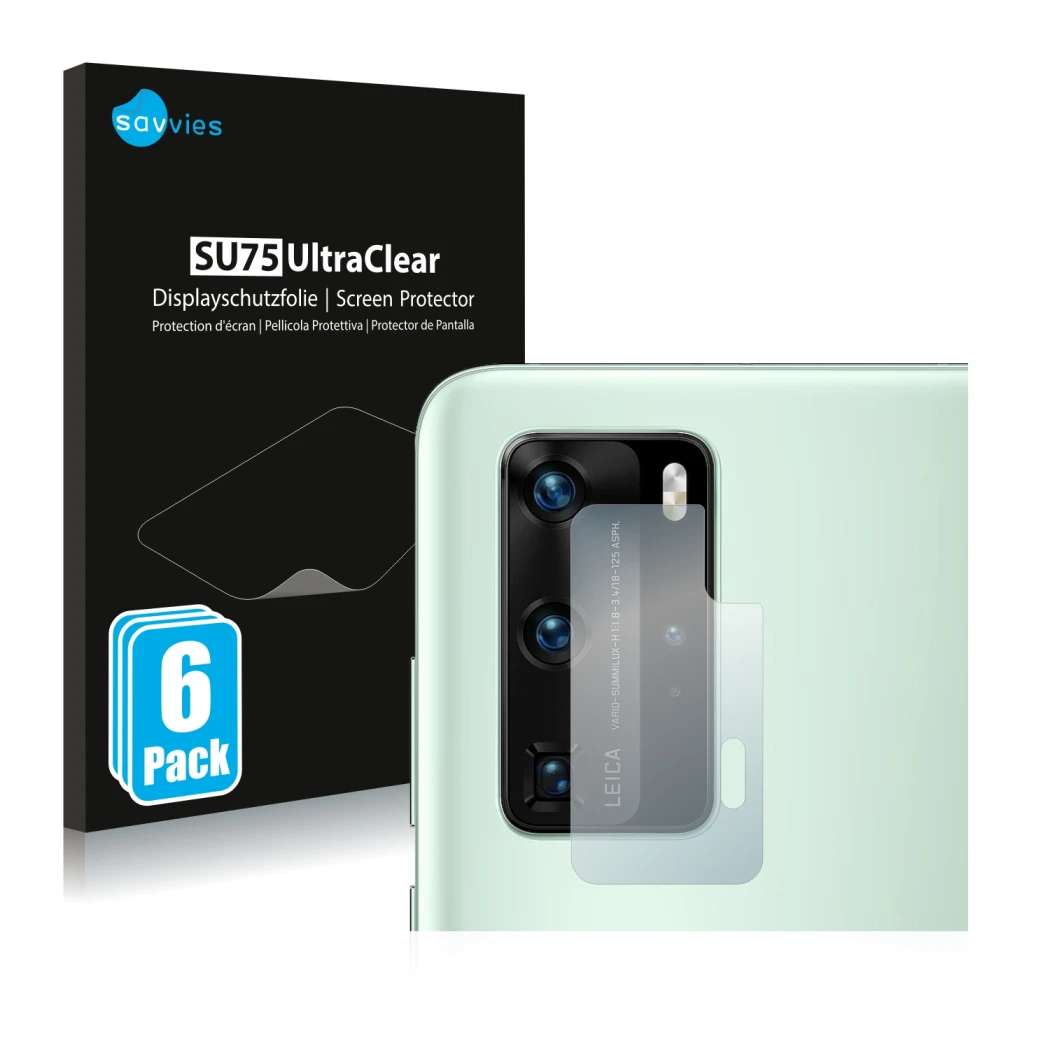 Parte frontale di una confezione del prodotto con il logo del marchio Savvies. Accanto è raffigurato il dispositivo Huawei P40