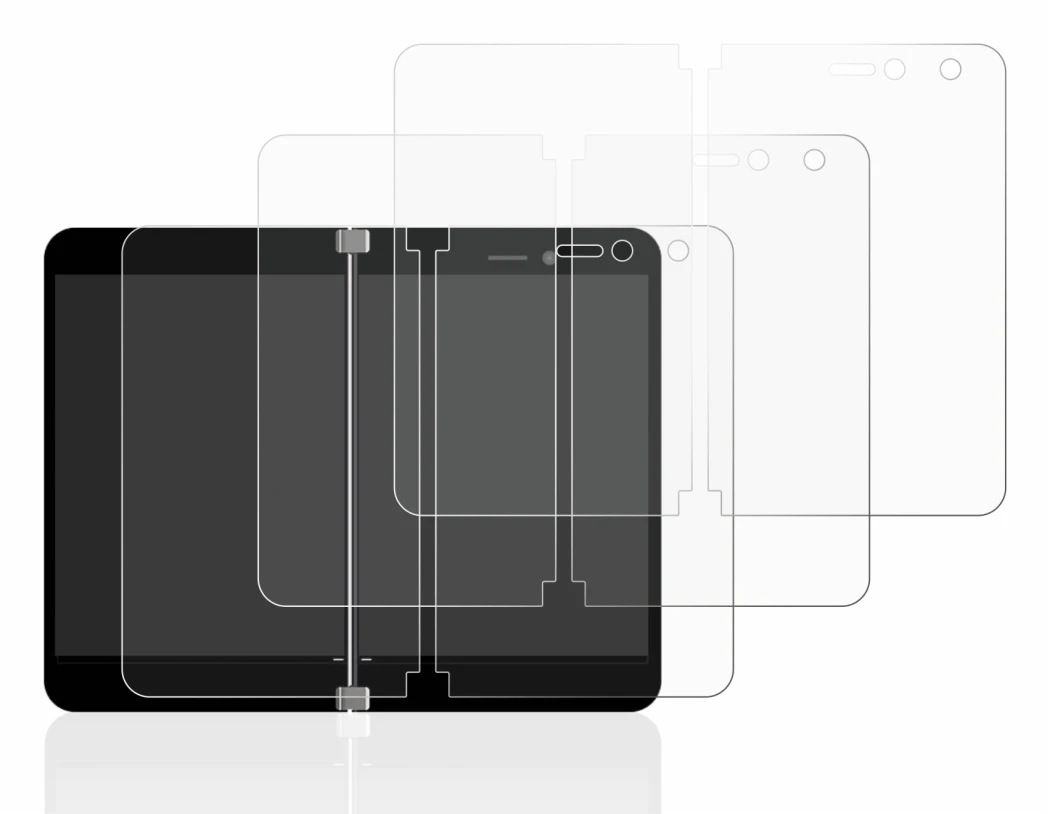 Immagine del dispositivo Microsoft Surface Duo con un'ampia varietà di protezioni per lo schermo.