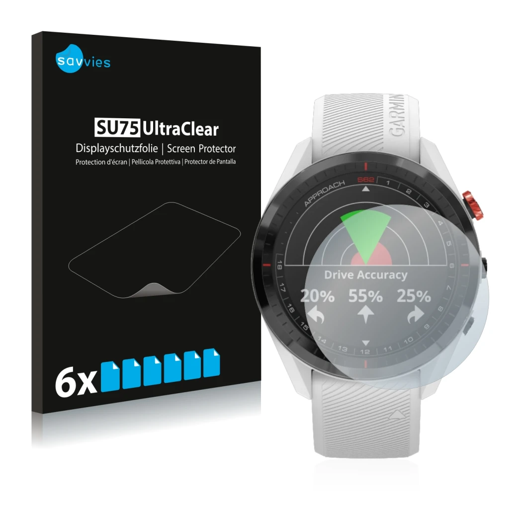 Parte frontale di una confezione del prodotto con il logo del marchio Savvies. Accanto è raffigurato il dispositivo Garmin App