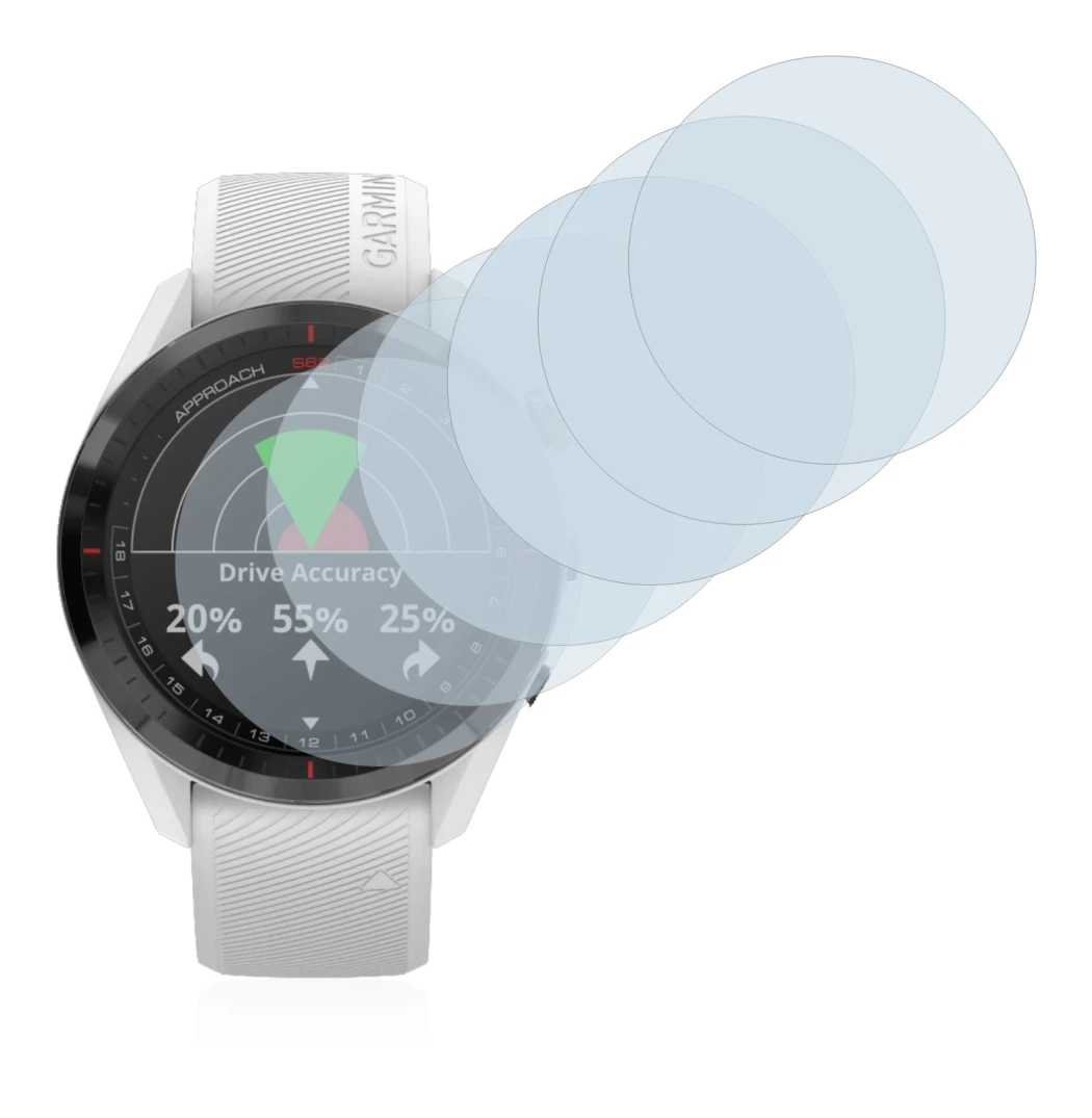Immagine del dispositivo Garmin Approach S62 con un'ampia varietà di protezioni per lo schermo.