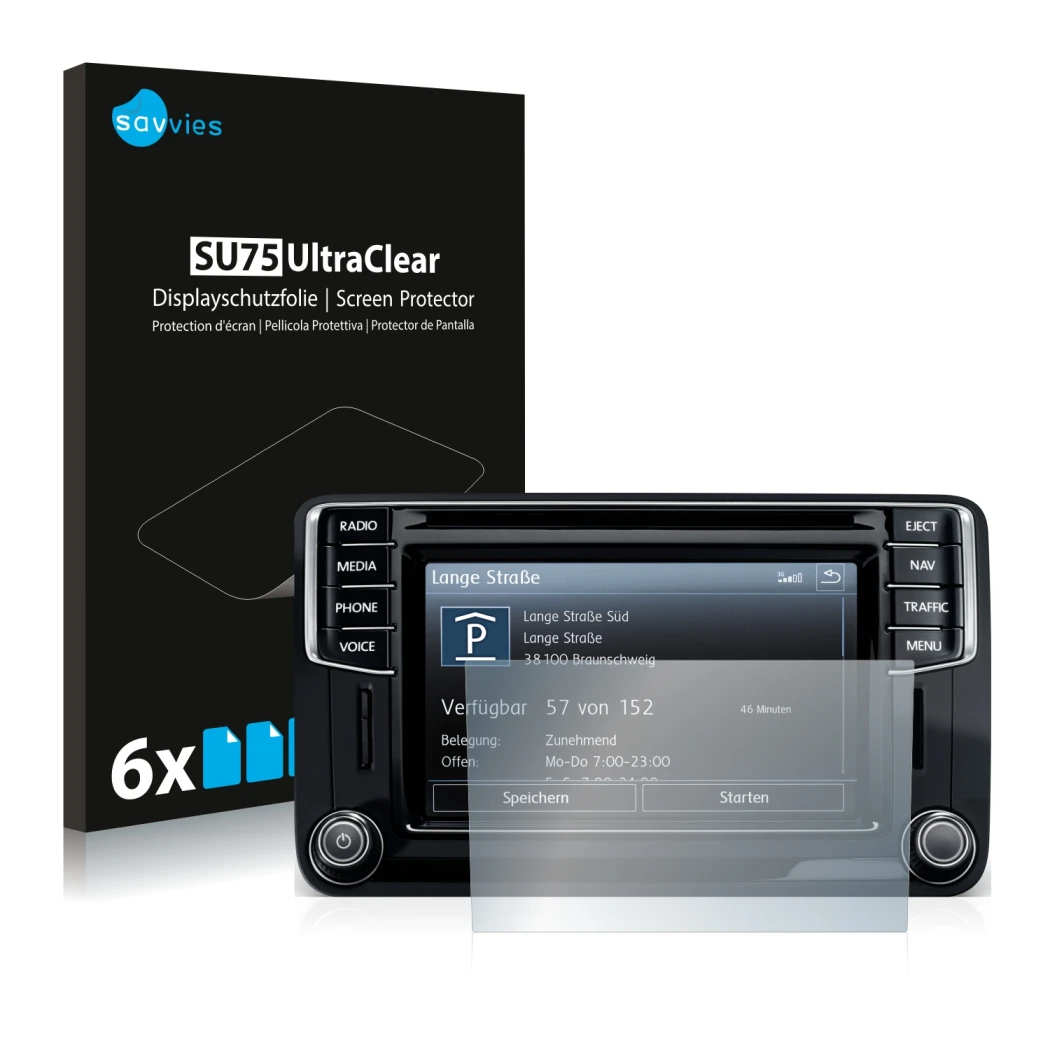 Parte frontale di una confezione del prodotto con il logo del marchio Savvies. Accanto è raffigurato il dispositivo Volkswagen