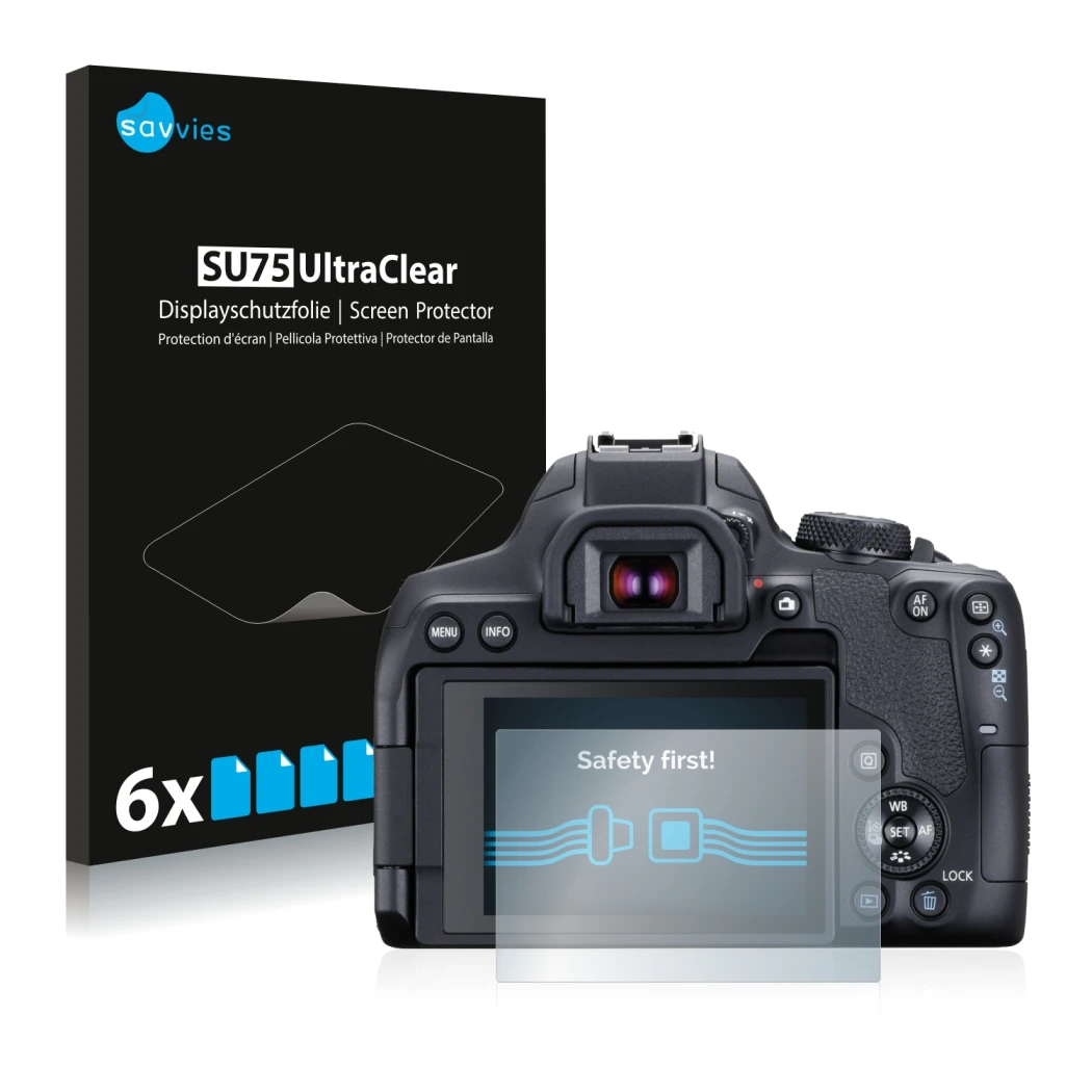 Parte frontale di una confezione del prodotto con il logo del marchio Savvies. Accanto è raffigurato il dispositivo Canon EOS 