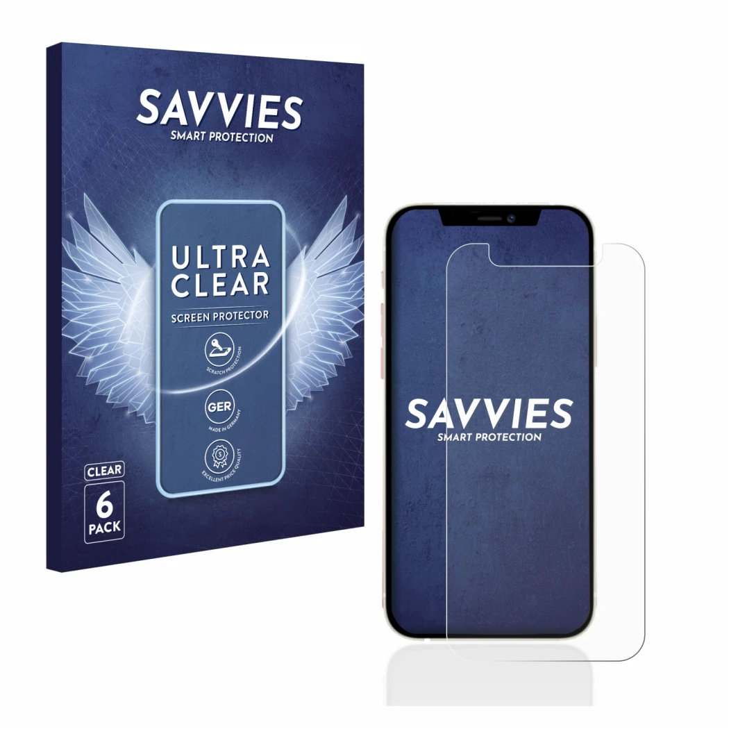 Parte frontale di una confezione del prodotto con il logo del marchio Savvies. Accanto è raffigurato il dispositivo Apple iPho