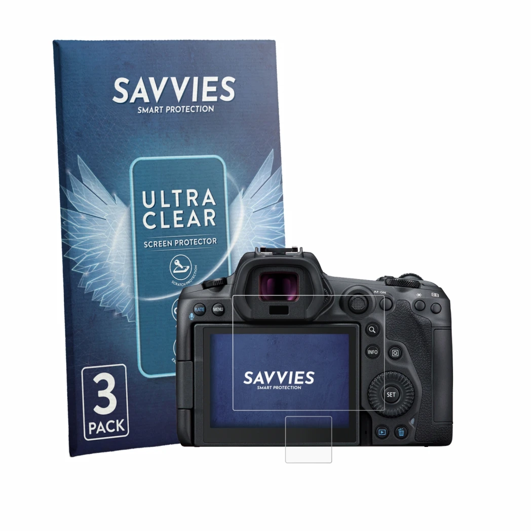 Parte frontale di una confezione del prodotto con il logo del marchio Savvies. Accanto è raffigurato il dispositivo Canon EOS 