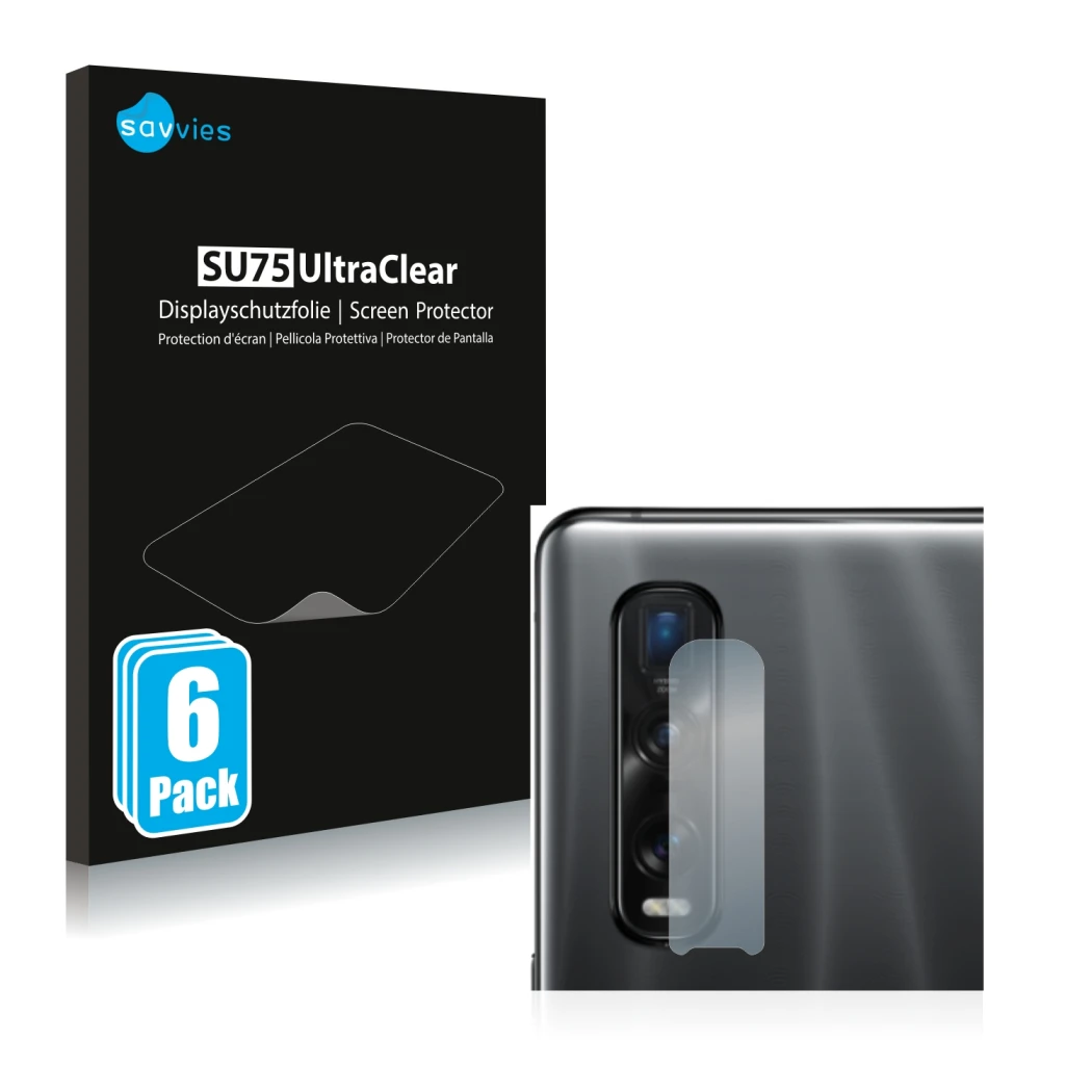 Parte frontale di una confezione del prodotto con il logo del marchio Savvies. Accanto è raffigurato il dispositivo Oppo Find 