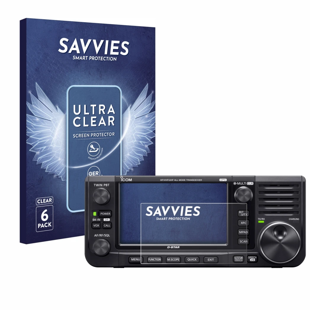 Parte frontale di una confezione del prodotto con il logo del marchio Savvies. Accanto è raffigurato il dispositivo Icom IC-70