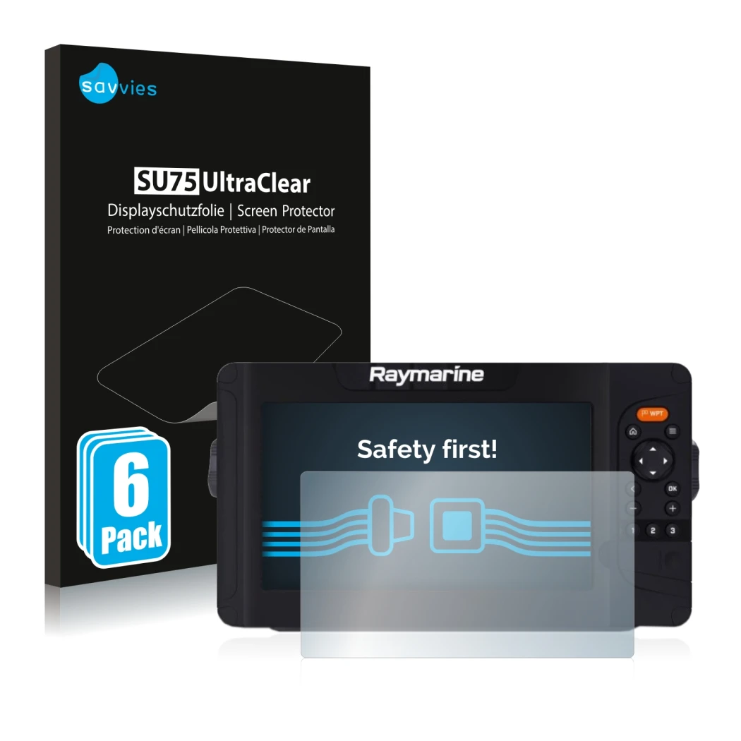 Parte frontale di una confezione del prodotto con il logo del marchio Savvies. Accanto è raffigurato il dispositivo Raymarine 