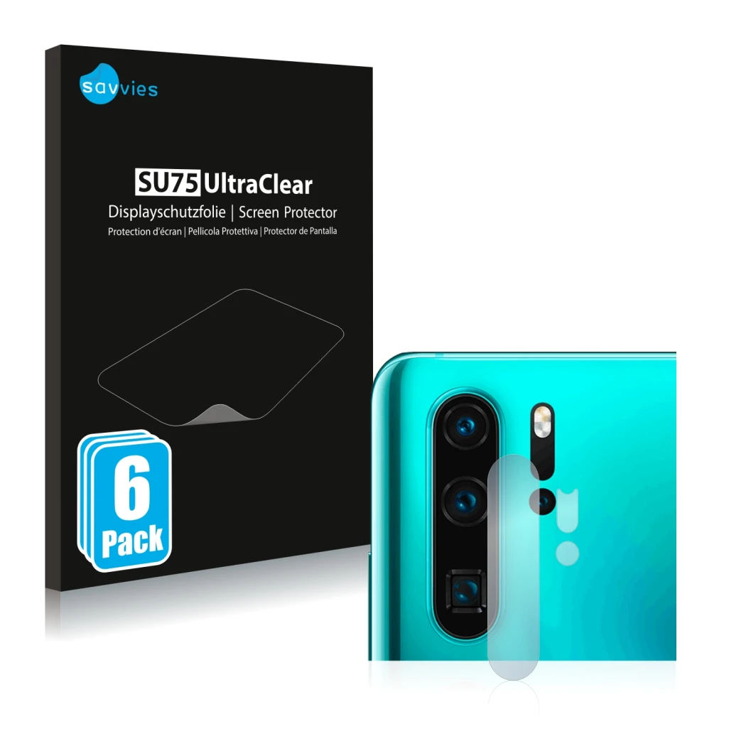 Parte frontale di una confezione del prodotto con il logo del marchio Savvies. Accanto è raffigurato il dispositivo Huawei P30