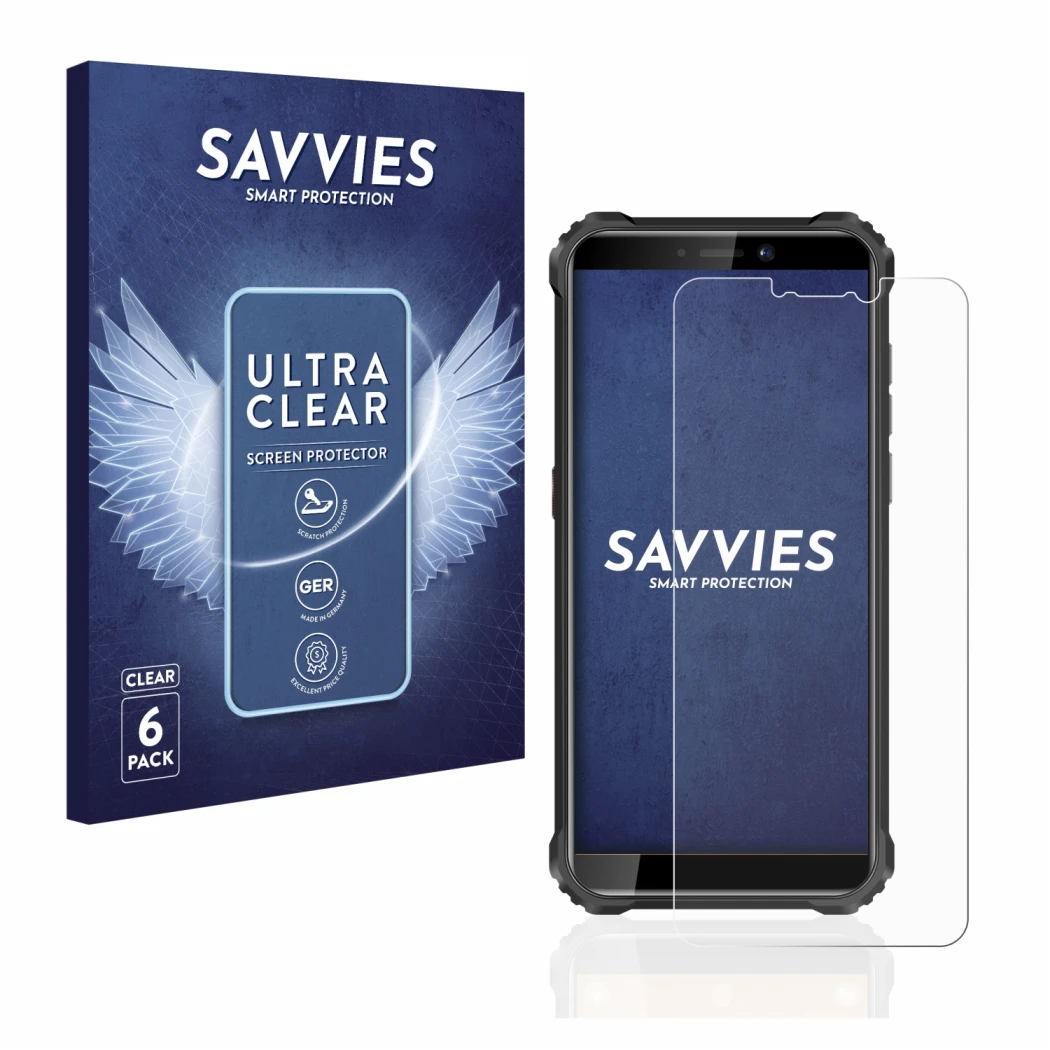 Parte frontale di una confezione del prodotto con il logo del marchio Savvies. Accanto è raffigurato il dispositivo Oukitel WP