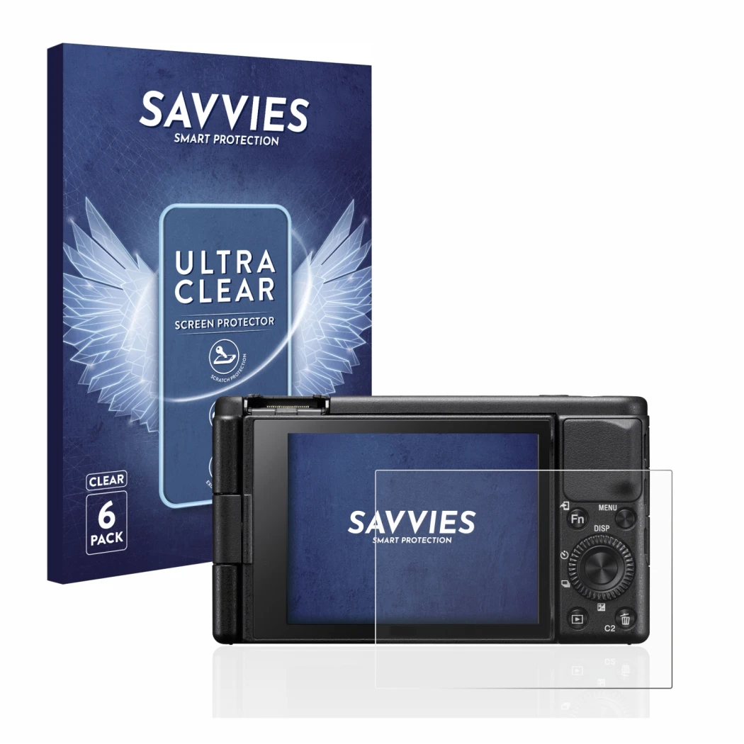 Parte frontale di una confezione del prodotto con il logo del marchio Savvies. Accanto è raffigurato il dispositivo Sony ZV-1 