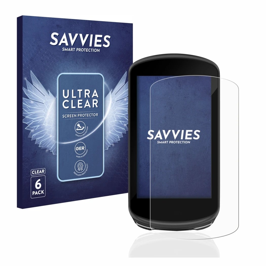 Parte frontale di una confezione del prodotto con il logo del marchio Savvies. Accanto è raffigurato il dispositivo Garmin Edg
