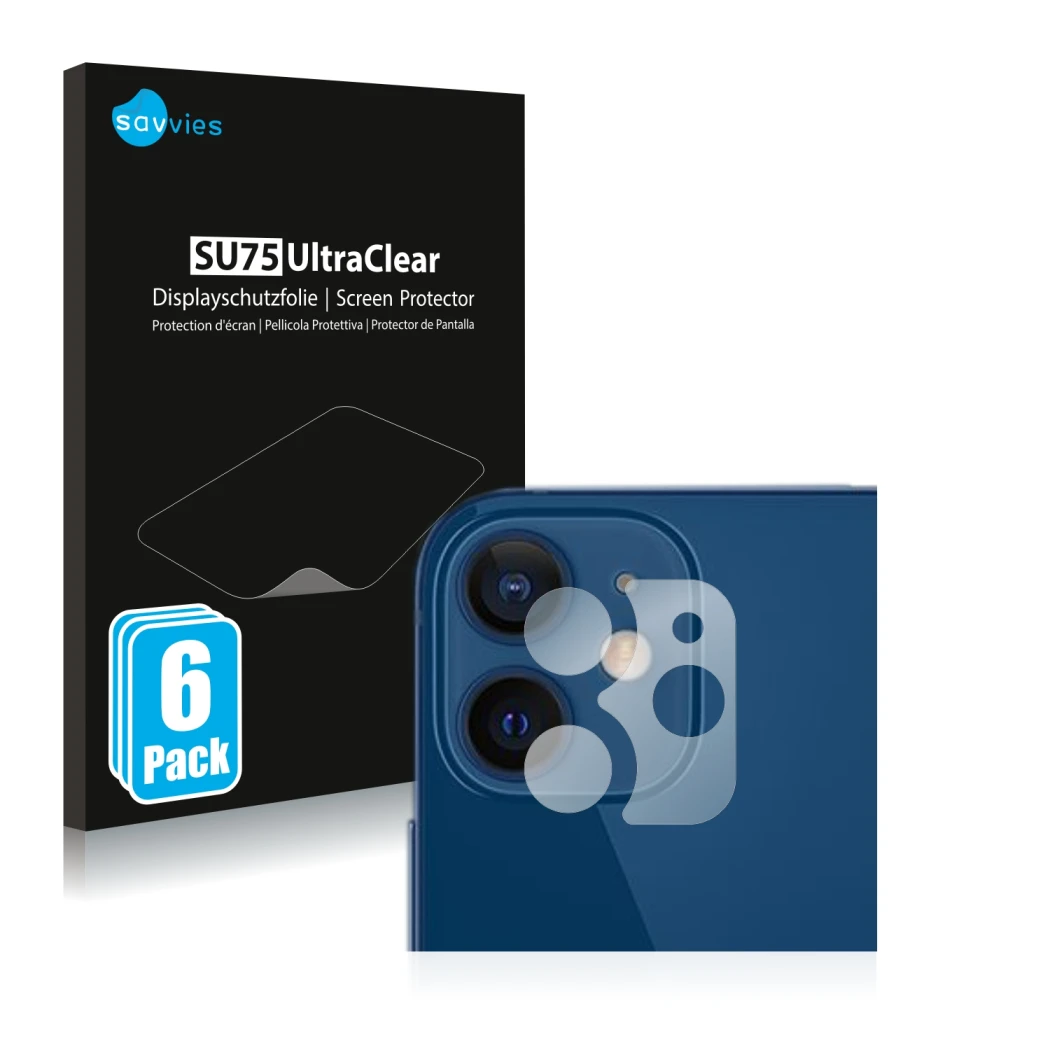 Parte frontale di una confezione del prodotto con il logo del marchio Savvies. Accanto è raffigurato il dispositivo Apple iPho