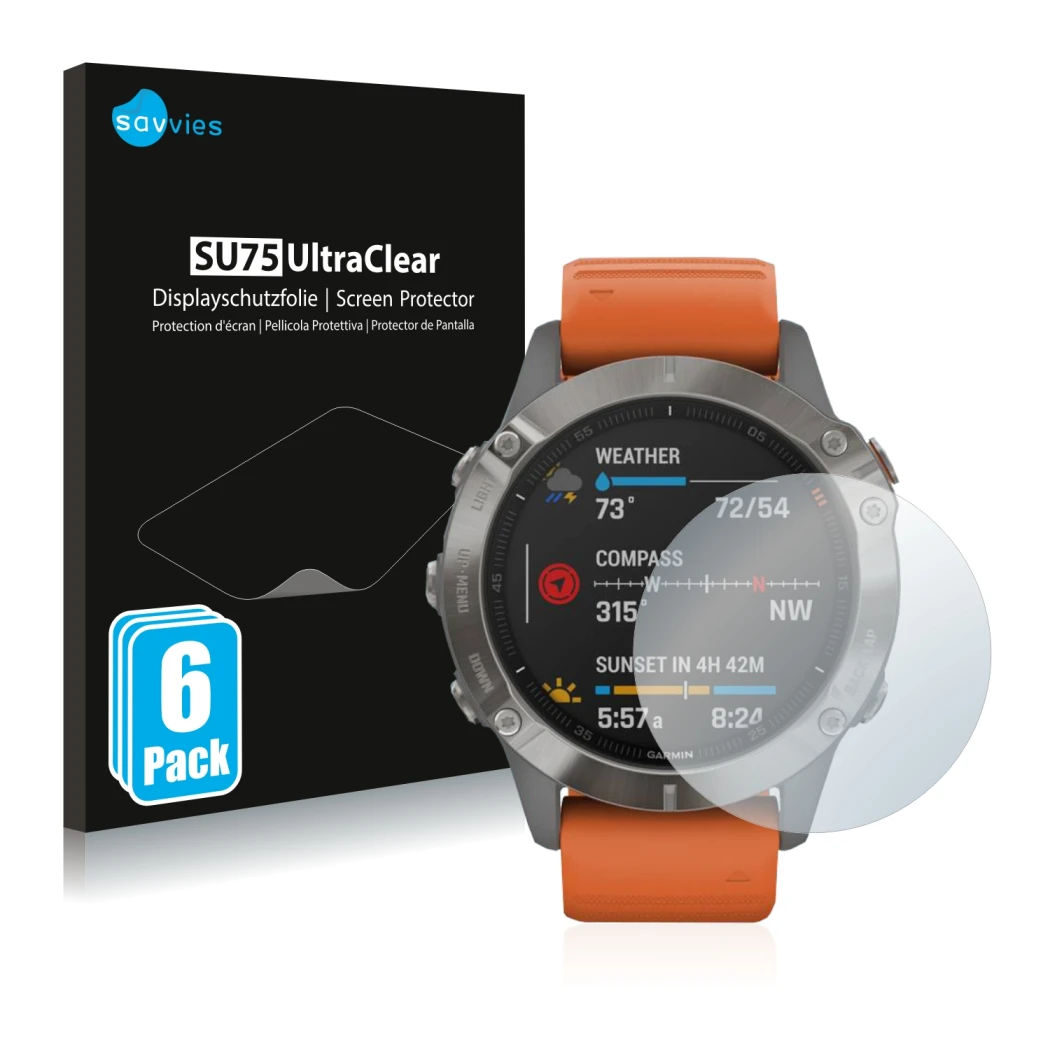 Parte frontale di una confezione del prodotto con il logo del marchio Savvies. Accanto è raffigurato il dispositivo Garmin Fen