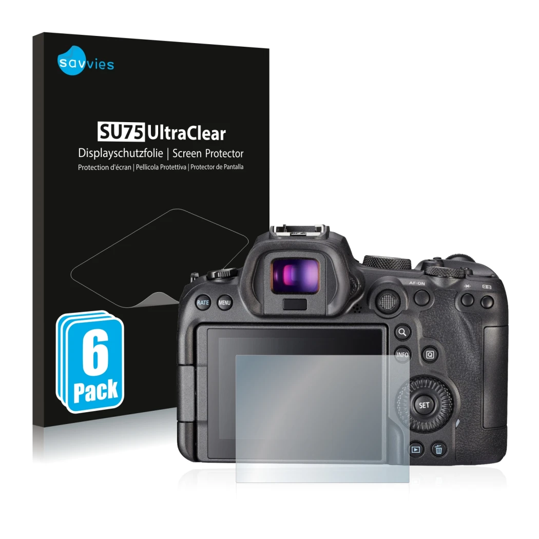 Parte frontale di una confezione del prodotto con il logo del marchio Savvies. Accanto è raffigurato il dispositivo Sony A7S I