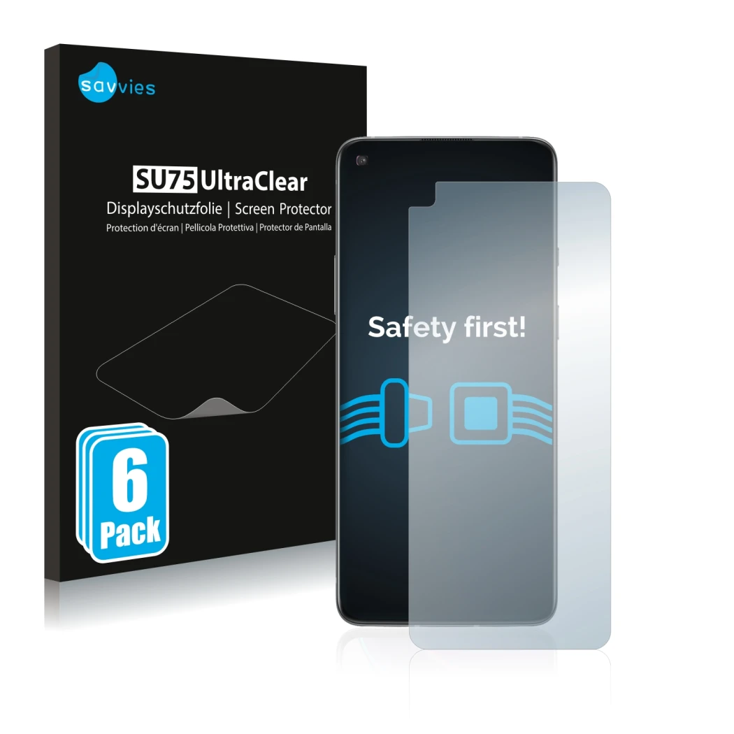 Parte frontale di una confezione del prodotto con il logo del marchio Savvies. Accanto è raffigurato il dispositivo OnePlus 8T