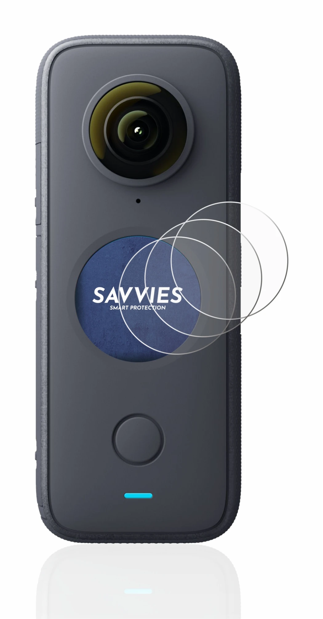 Immagine del dispositivo Insta360 One X2 con un'ampia varietà di protezioni per lo schermo.