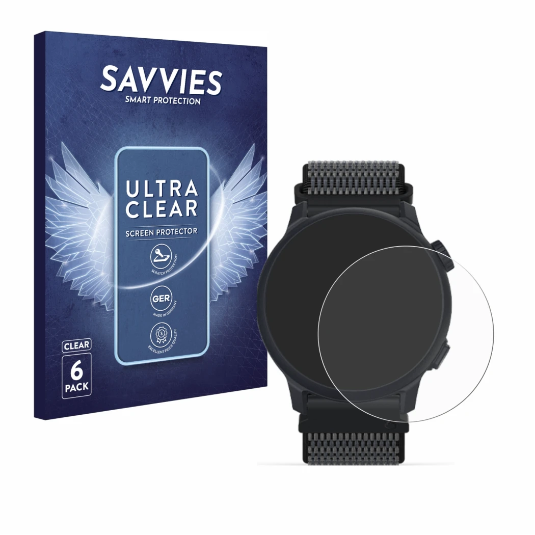 Parte frontale di una confezione del prodotto con il logo del marchio Savvies. Accanto è raffigurato il dispositivo Coros Pace