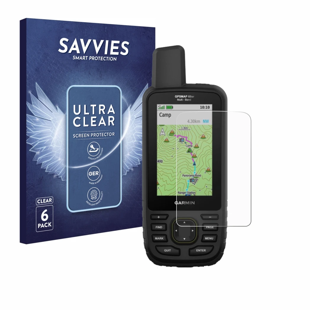 Parte frontale di una confezione del prodotto con il logo del marchio Savvies. Accanto è raffigurato il dispositivo Garmin GPS