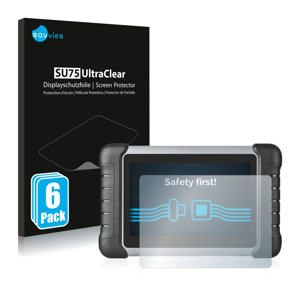 Parte frontale di una confezione del prodotto con il logo del marchio Savvies. Accanto è raffigurato il dispositivo Autel Maxi