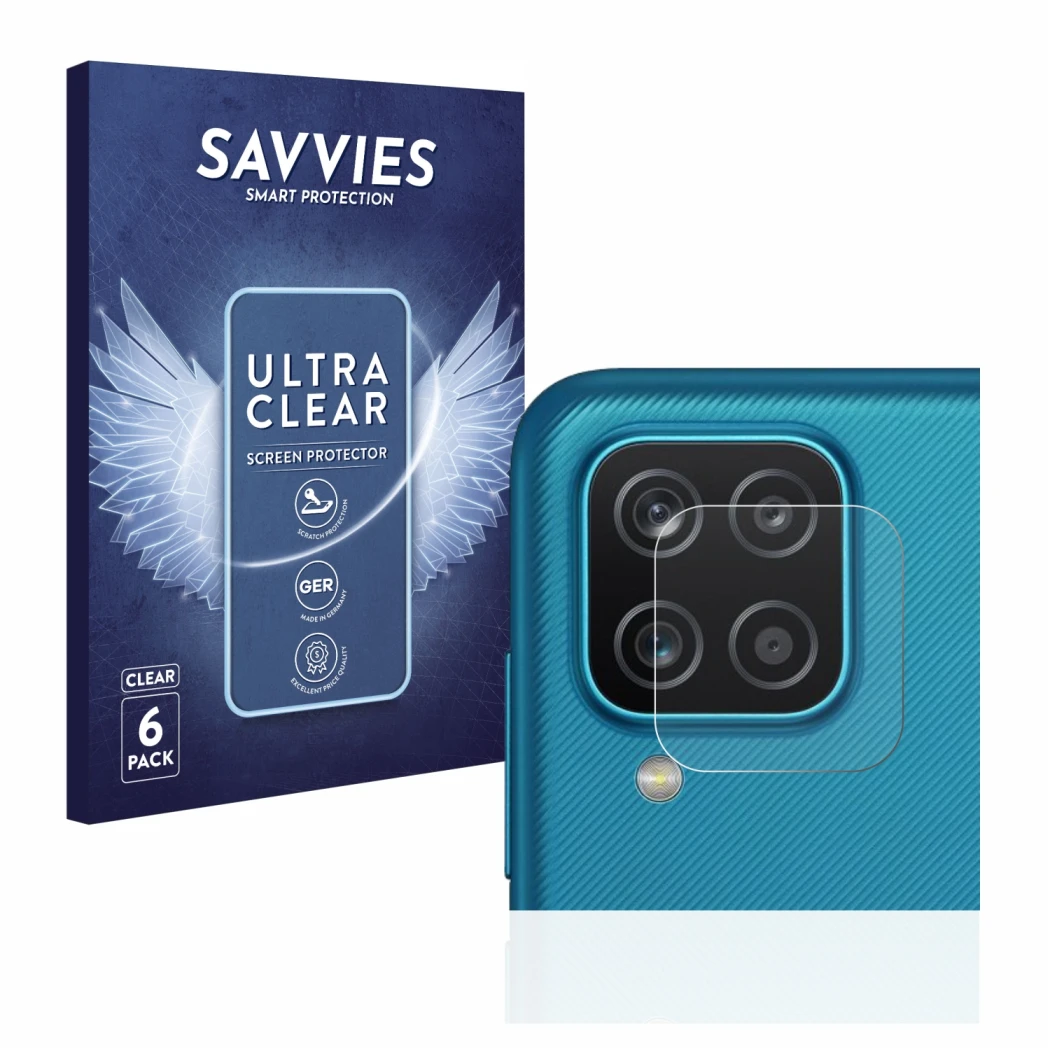 Parte frontale di una confezione del prodotto con il logo del marchio Savvies. Accanto è raffigurato il dispositivo Samsung Ga