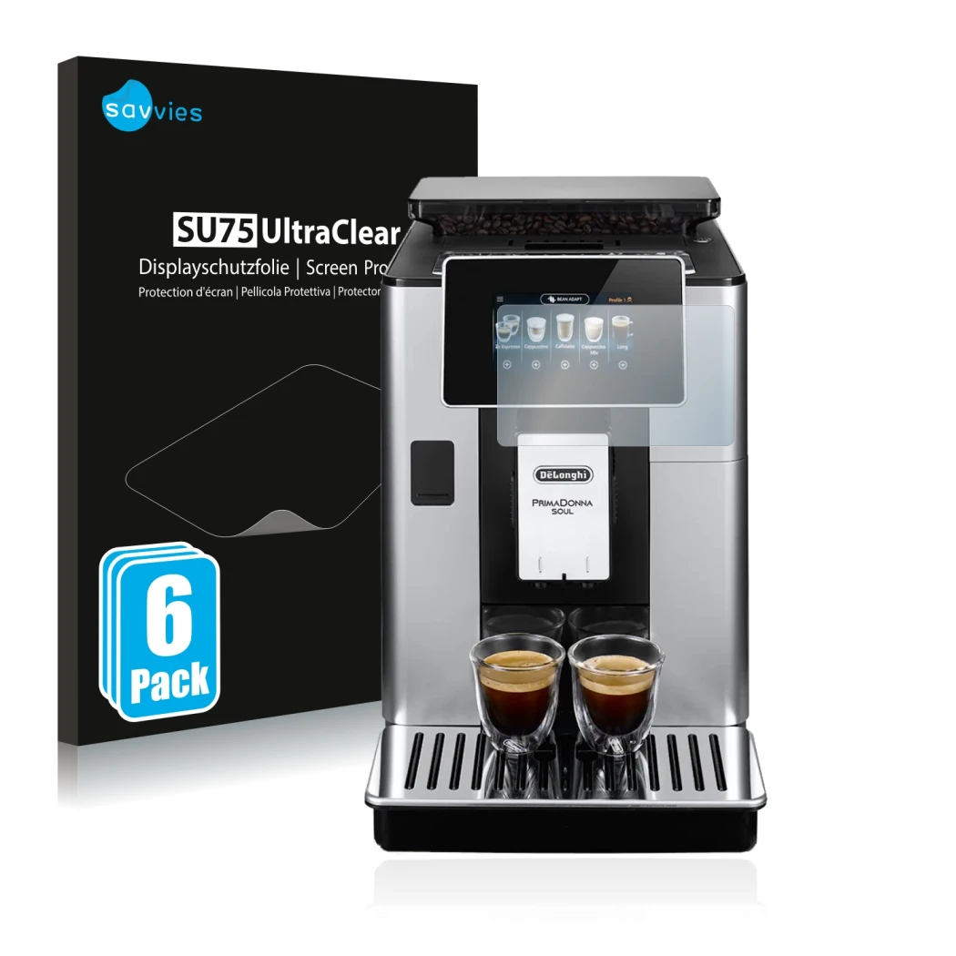 Parte frontale di una confezione del prodotto con il logo del marchio Savvies. Accanto è raffigurato il dispositivo DeLonghi P
