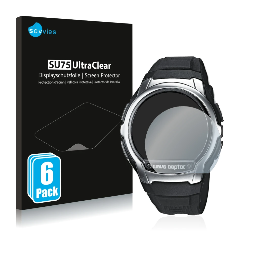 Parte frontale di una confezione del prodotto con il logo del marchio Savvies. Accanto è raffigurato il dispositivo Casio Wave