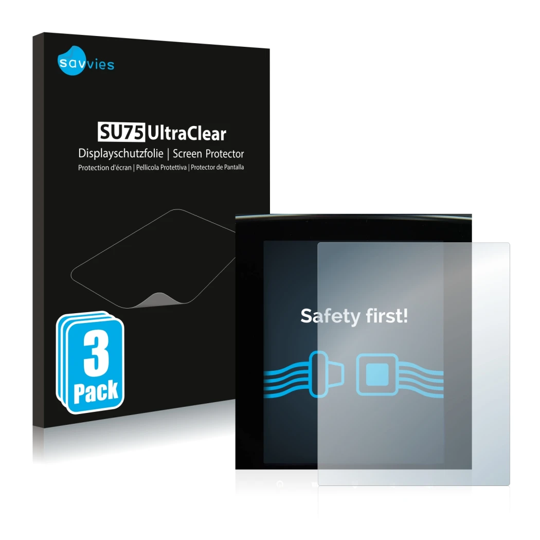 Parte frontale di una confezione del prodotto con il logo del marchio Savvies. Accanto è raffigurato il dispositivo Renault Me