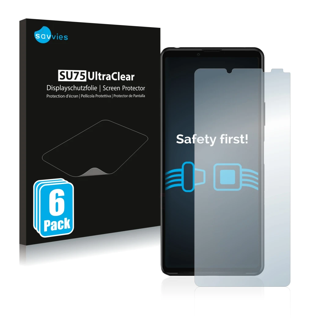 Parte frontale di una confezione del prodotto con il logo del marchio Savvies. Accanto è raffigurato il dispositivo Sony Xperi