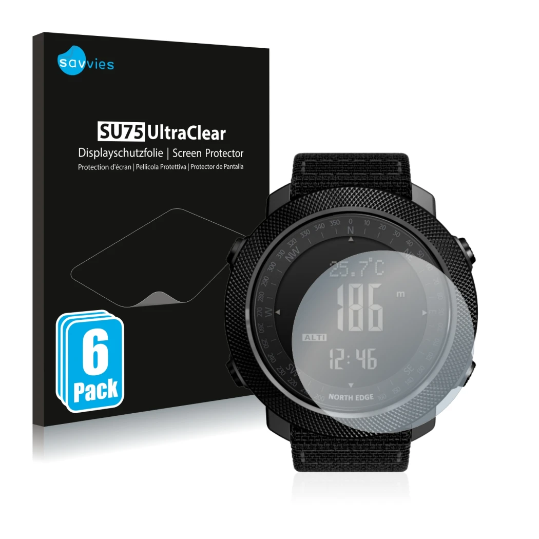 Parte frontale di una confezione del prodotto con il logo del marchio Savvies. Accanto è raffigurato il dispositivo North Edge