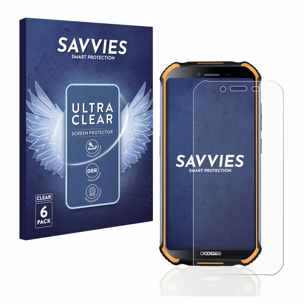 Parte frontale di una confezione del prodotto con il logo del marchio Savvies. Accanto è raffigurato il dispositivo Doogee S40
