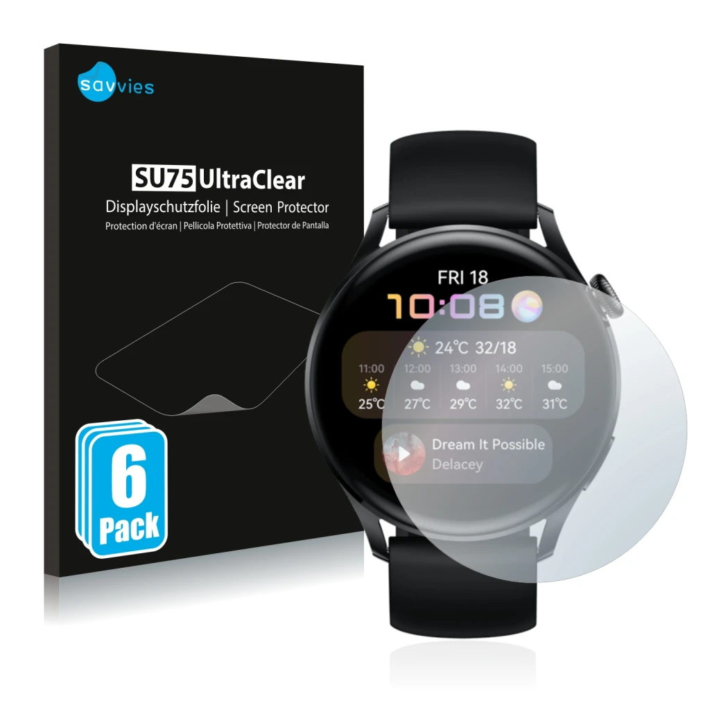 Parte frontale di una confezione del prodotto con il logo del marchio Savvies. Accanto è raffigurato il dispositivo Huawei Wat