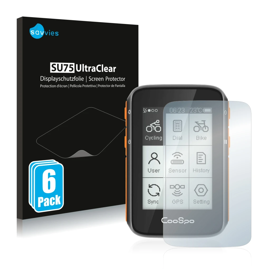 Parte frontale di una confezione del prodotto con il logo del marchio Savvies. Accanto è raffigurato il dispositivo CooSpo BC2