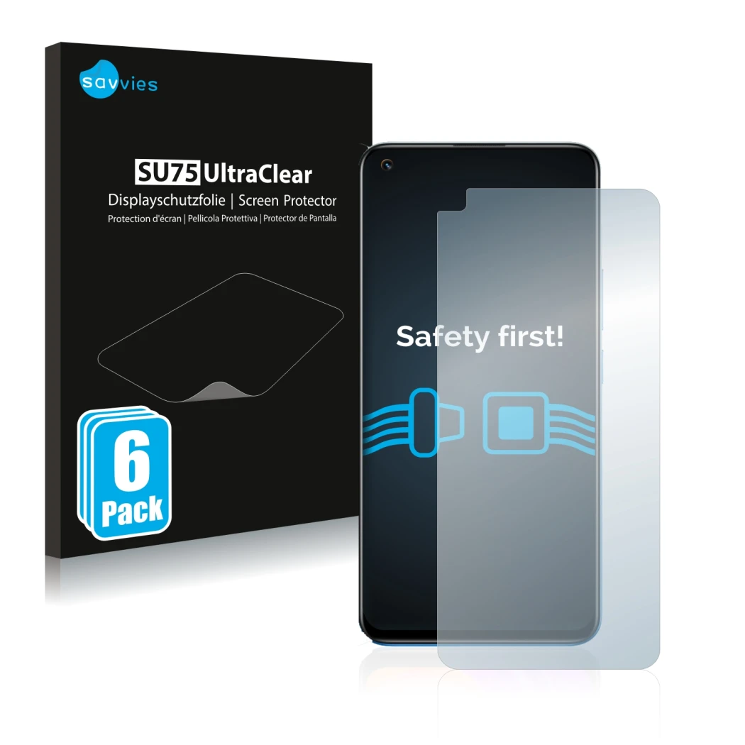 Parte frontale di una confezione del prodotto con il logo del marchio Savvies. Accanto è raffigurato il dispositivo realme 8 c