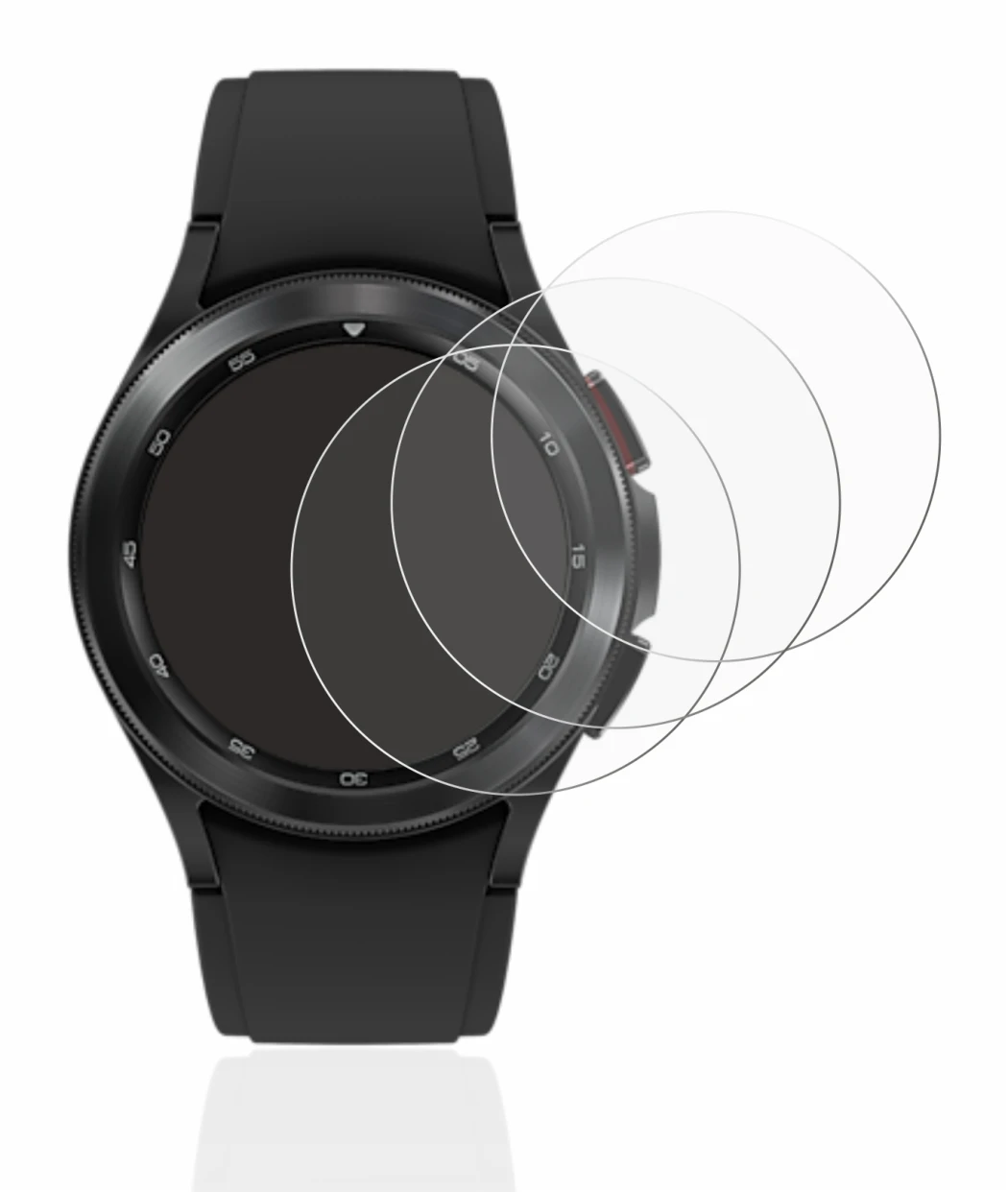 Immagine del dispositivo Samsung Galaxy Watch 4 Classic (42mm) con un'ampia varietà di protezioni per lo schermo.