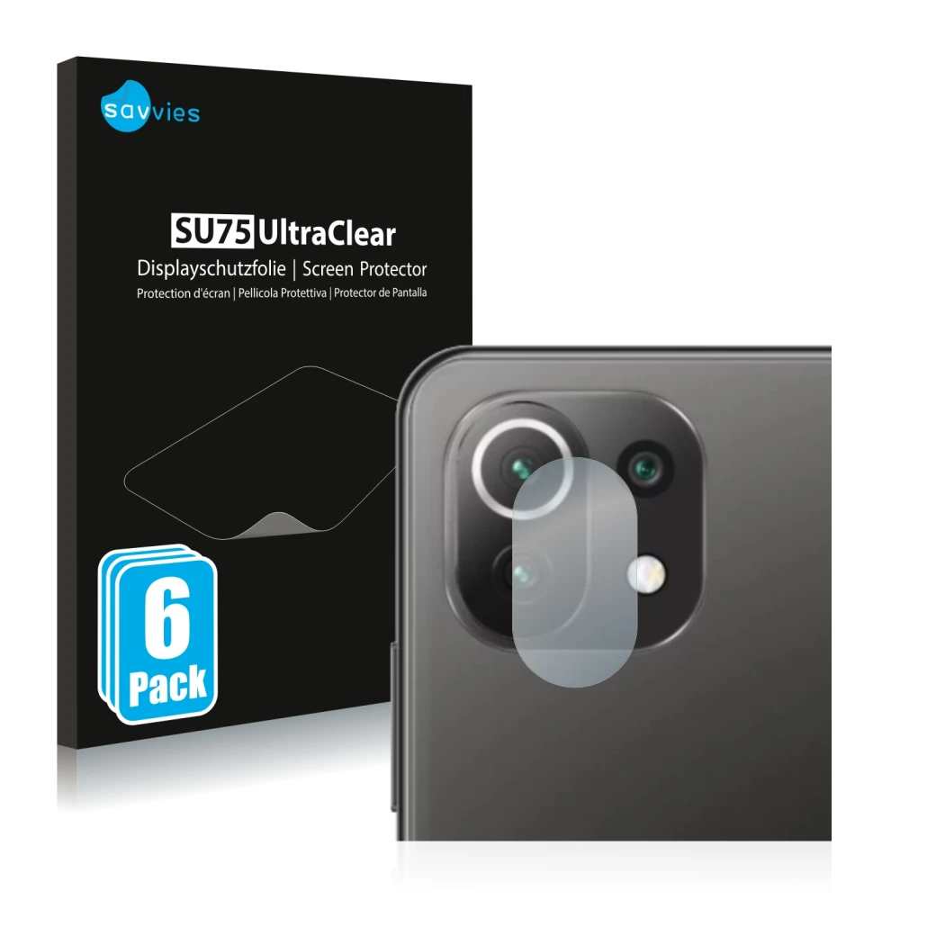 Parte frontale di una confezione del prodotto con il logo del marchio Savvies. Accanto è raffigurato il dispositivo Xiaomi Mi 