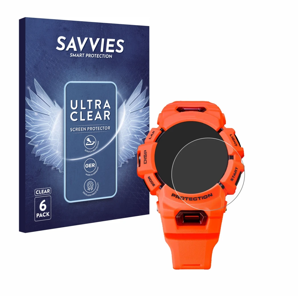 Parte frontale di una confezione del prodotto con il logo del marchio Savvies. Accanto è raffigurato il dispositivo Casio G-Sh