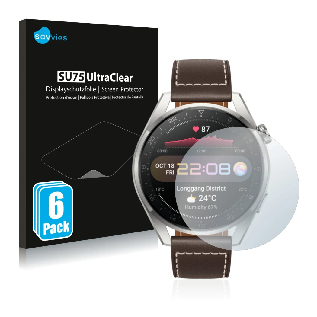 Parte frontale di una confezione del prodotto con il logo del marchio Savvies. Accanto è raffigurato il dispositivo Huawei Wat