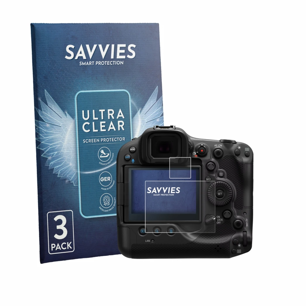 Parte frontale di una confezione del prodotto con il logo del marchio Savvies. Accanto è raffigurato il dispositivo Canon EOS 