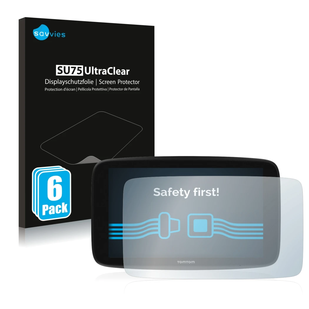 Parte frontale di una confezione del prodotto con il logo del marchio Savvies. Accanto è raffigurato il dispositivo TomTom Go 