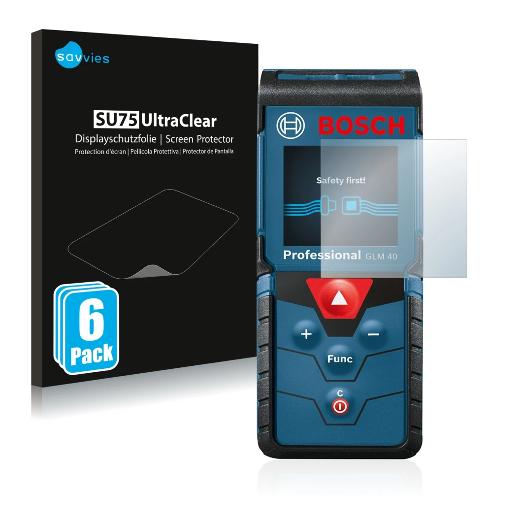 Parte frontale di una confezione del prodotto con il logo del marchio Savvies. Accanto è raffigurato il dispositivo Bosch GLM 