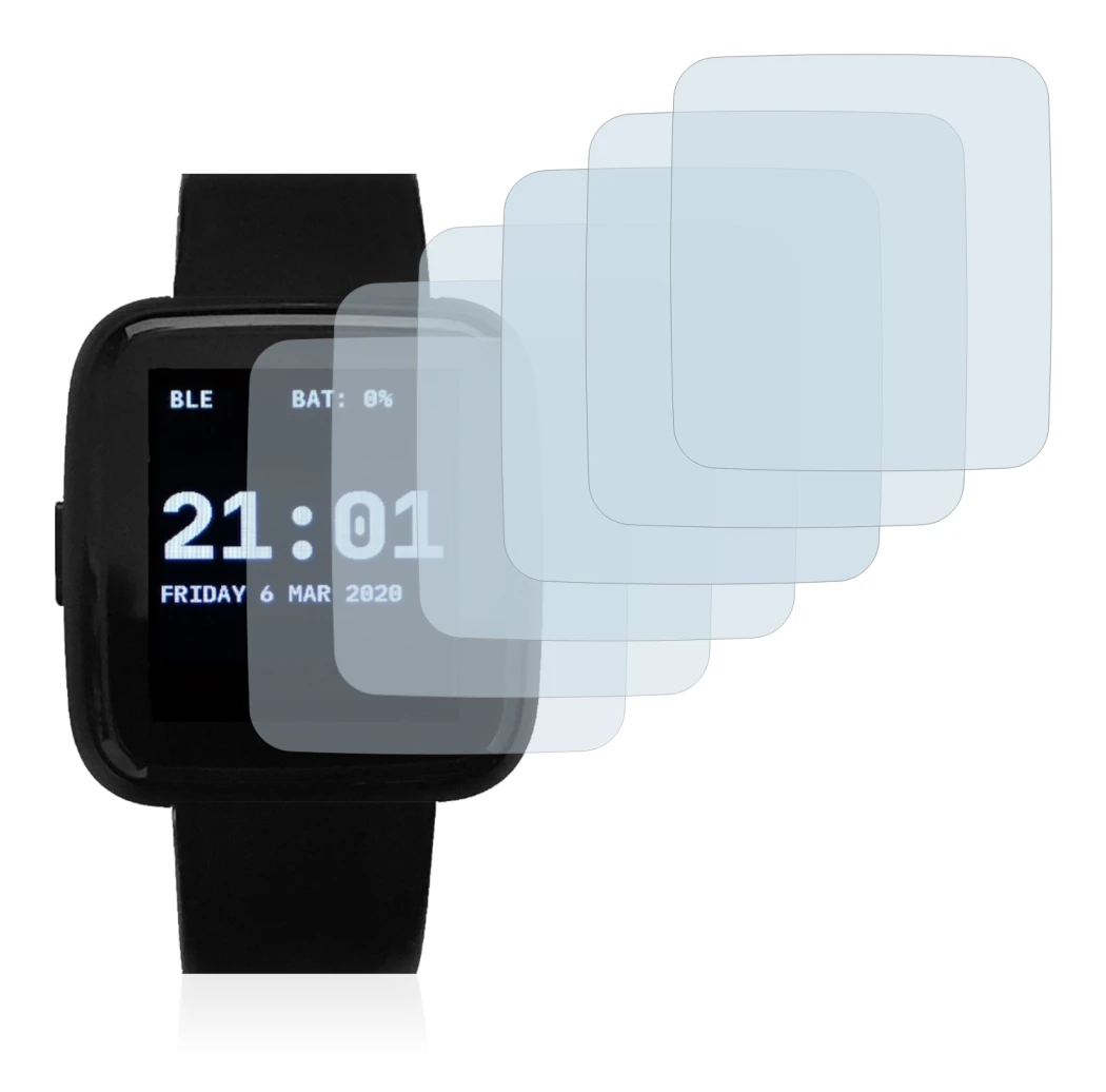 Immagine del dispositivo Pine64 PineTime con un'ampia varietà di protezioni per lo schermo.