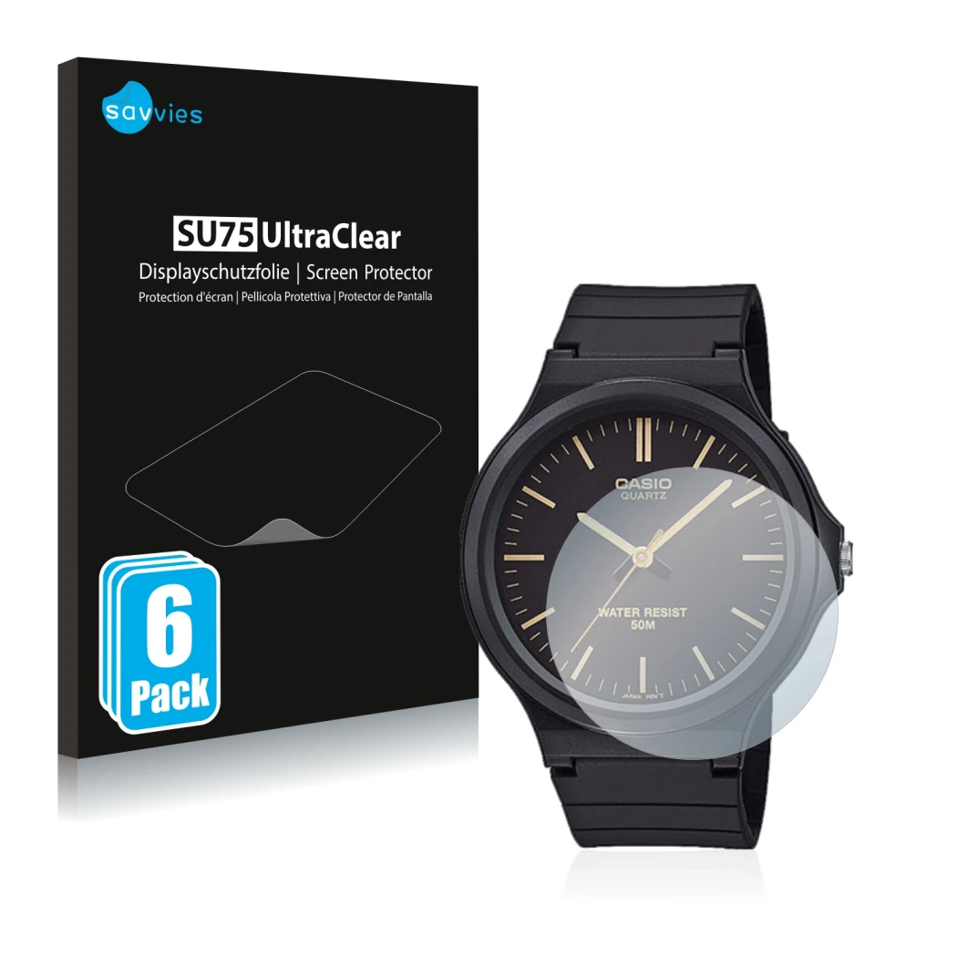 Parte frontale di una confezione del prodotto con il logo del marchio Savvies. Accanto è raffigurato il dispositivo Casio Unis