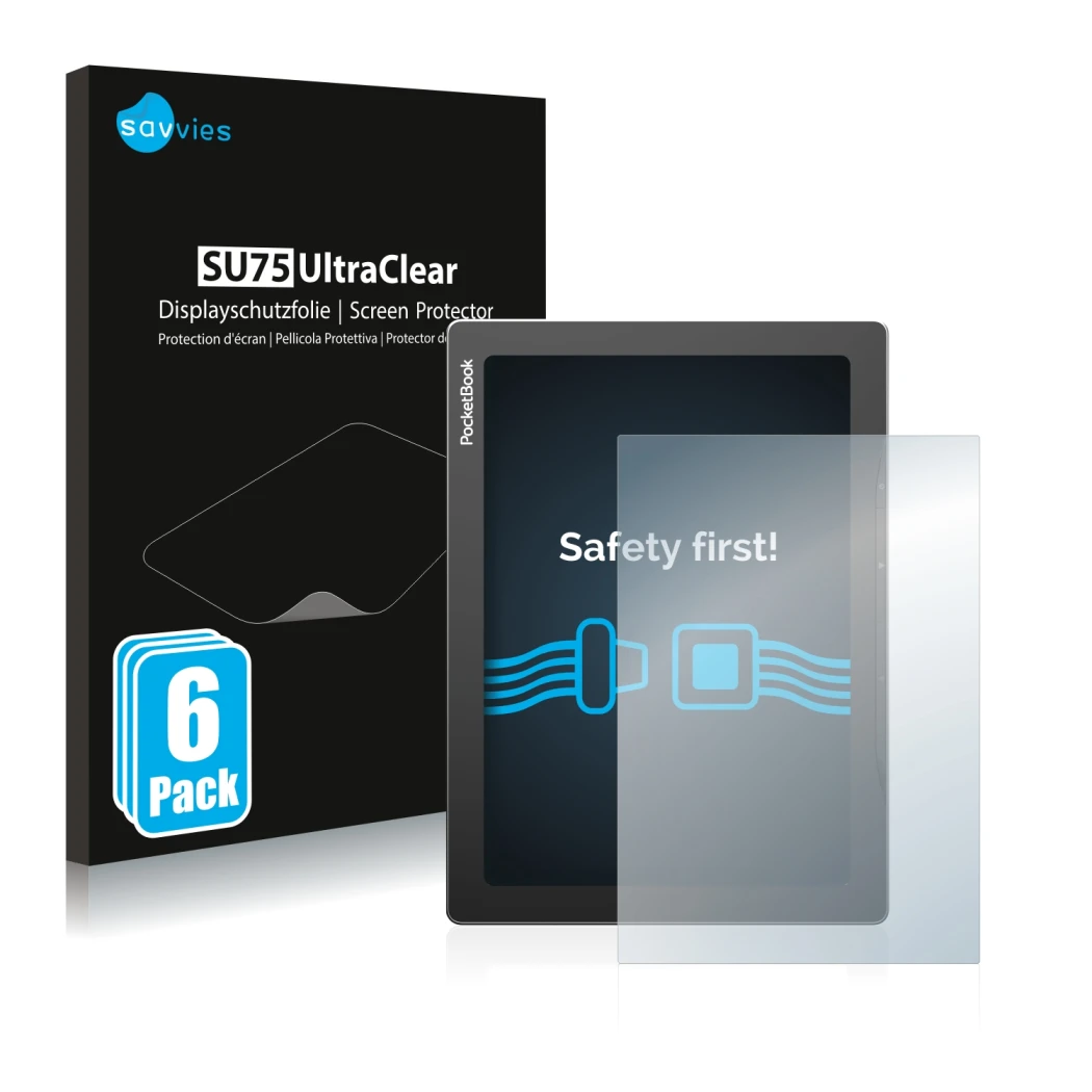 Parte frontale di una confezione del prodotto con il logo del marchio Savvies. Accanto è raffigurato il dispositivo PocketBook