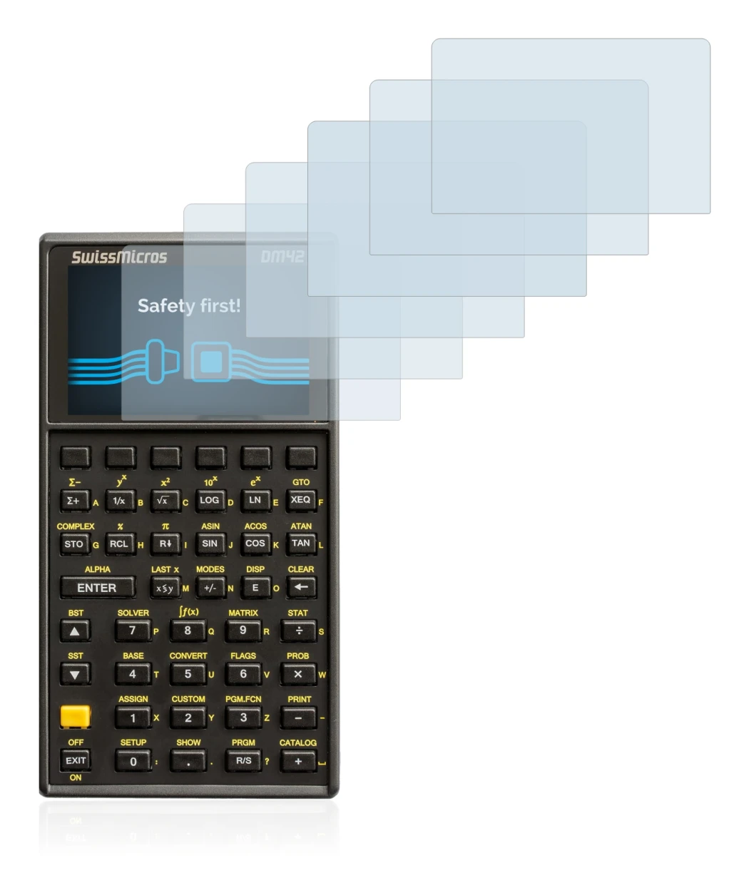 Immagine del dispositivo SwissMicros DM42 con un'ampia varietà di protezioni per lo schermo.